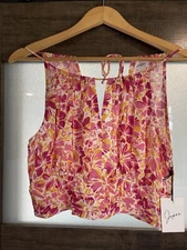 Japna Pink Yellow Floral Crop Top Sz L Deep V-Neck Smocked Blouse