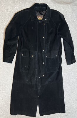 Adventure Bound Originals Duster Outback Trench Coat L Black Suede Snaps Lined