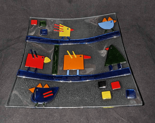 Whimsical Geometrical Birds Fused Glossy Glass Tray with primary colors 12"X 12.