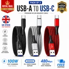 USB A to USB-C Cable 7A 100W Fast Charger Braided Long Type C Lead 25cm 1M 2M 3M