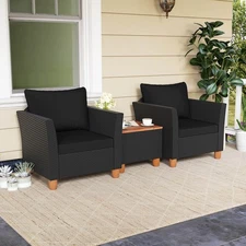 3PCS Patio Rattan Furniture Set Cushioned Sofa Storage Table W/Wood Top Black