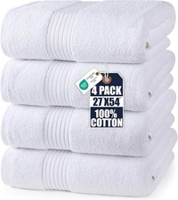 Luxurious Bath Towels Set 27 x 54 Inches 100 Ring Spun Cotton 4 Pack White