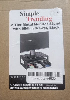 Simple Trending 2 Tier Metal Monitor Stand With Sliding Drawer, Black, New.
