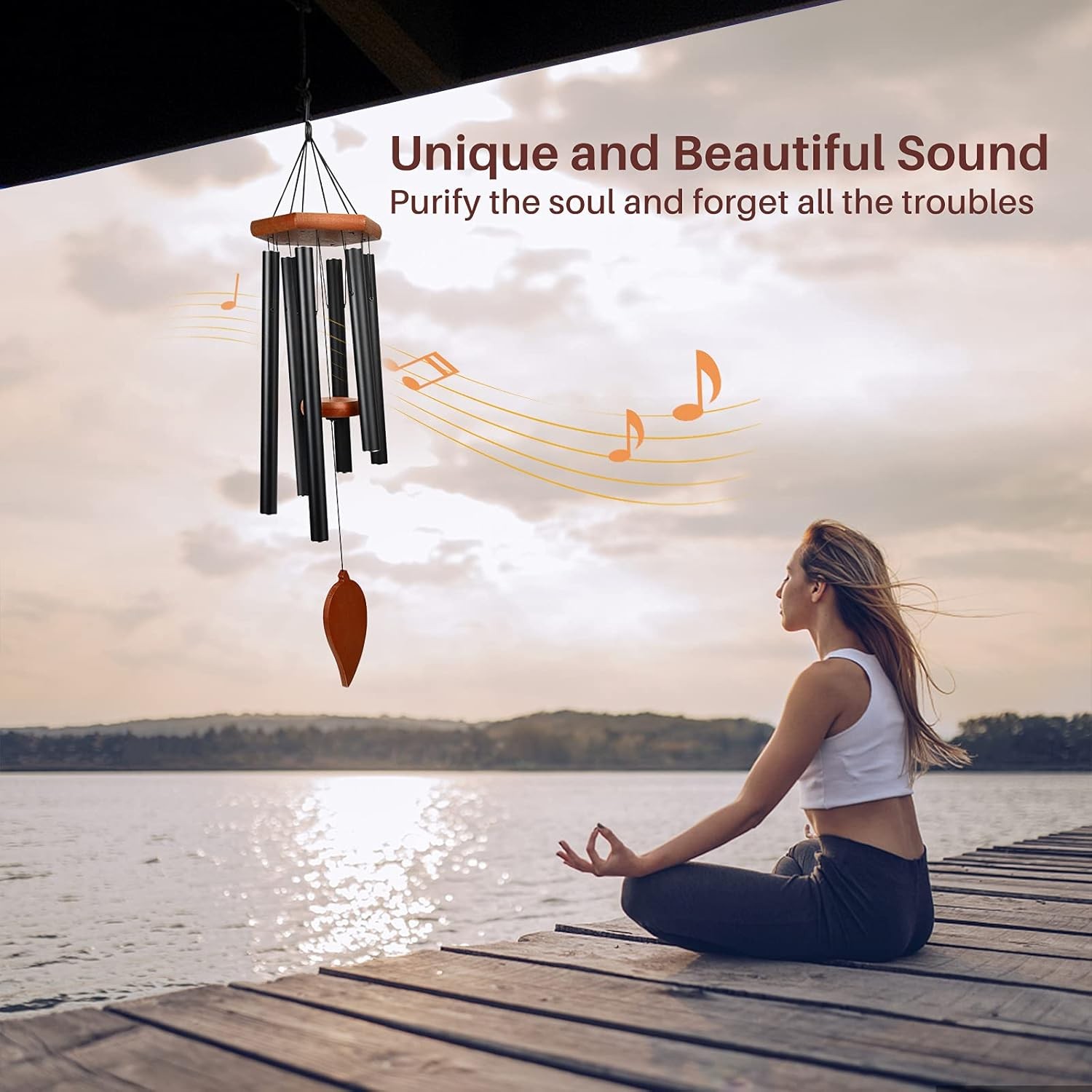 38" Deep Tone Memorial Wind Chimes, 6 Thick Tubes & Hook, Outdoor Decor