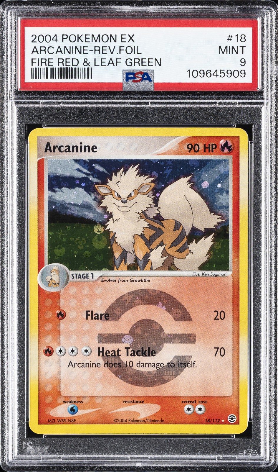 2004 POKEMON EX FIRE RED & LEAF GREEN #18 ARCANINE-REVERSE FOIL PSA 9