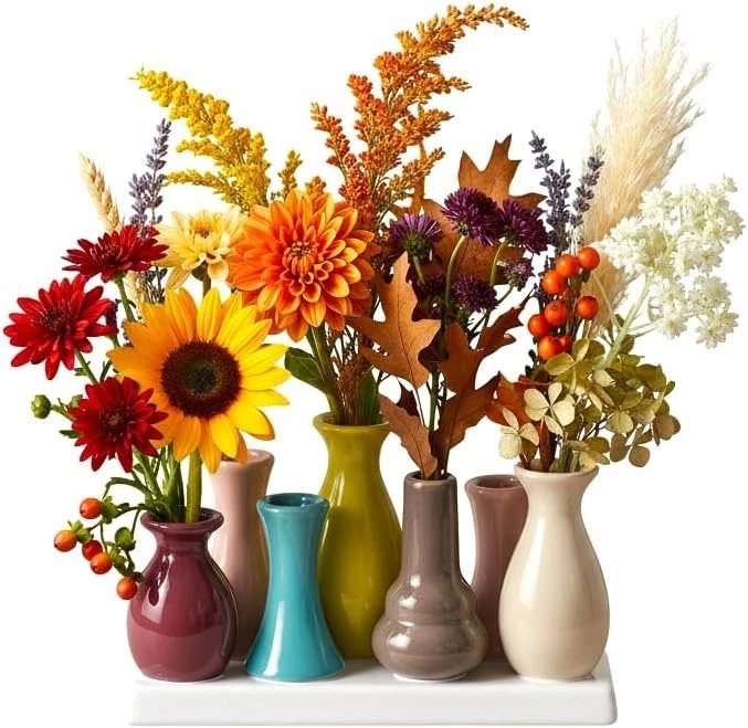 Jinfa Vasenset aus 7 bunten kleine mini Keramik Vasen Blumenvase Deko auf Sockel - Bild 3 von 4