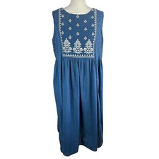 Utsa Jumper Dress Size XXL Blue Embroidered Floral Cottagecore Cotton Boho Midi