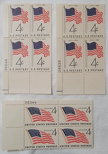 1959, 1960 4-cent US stamps 49 and 50 star US flags, 3 plate blocks MNH