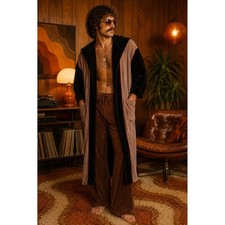 Vintage JCPenney Mens Hooded Robe Colorblock Arnel Tan Black OS Loungewear