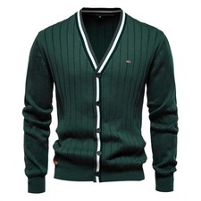 Men's V-neck long sleeved cardigan 95 COTTON contrasting color border knit
