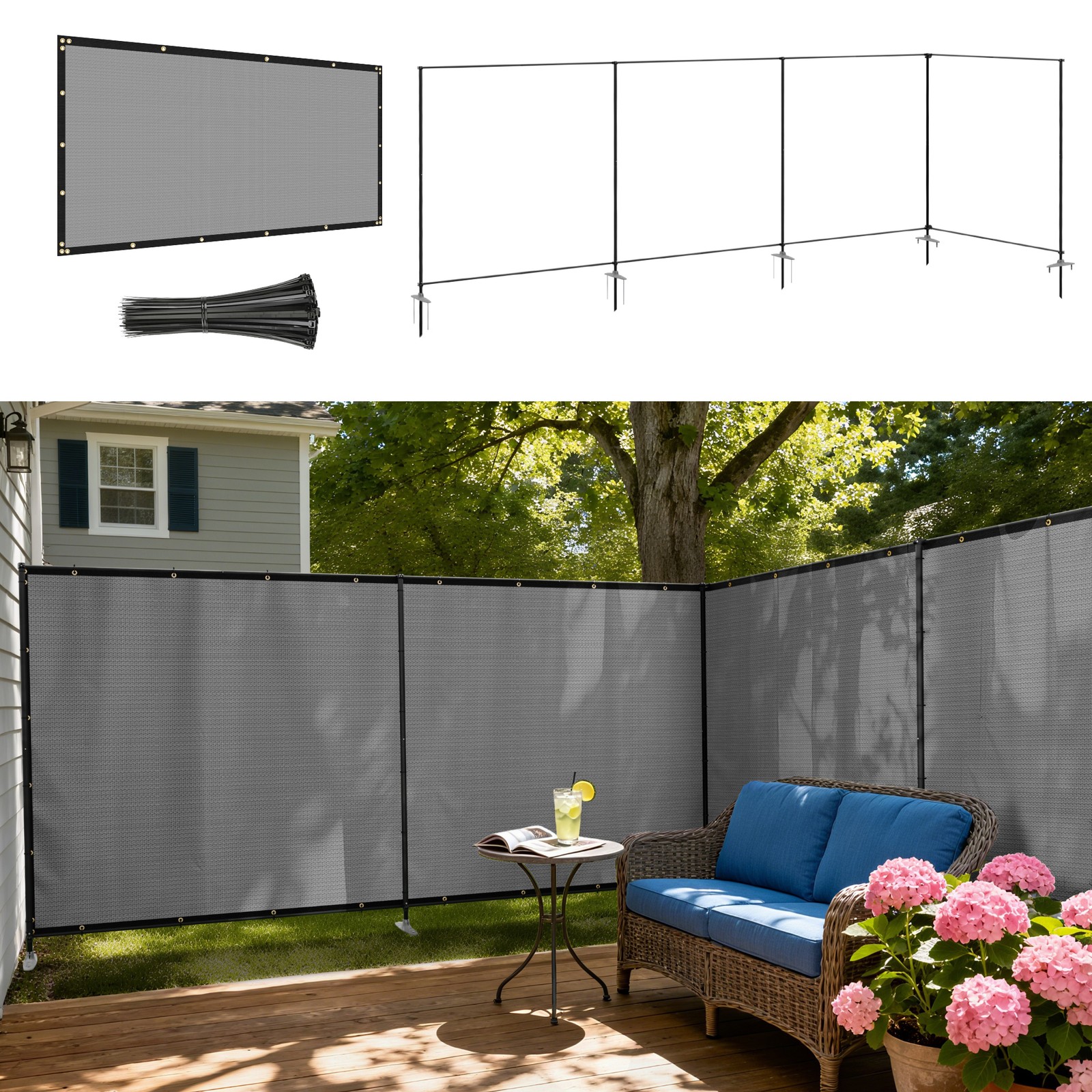 Pantalla de valla de privacidad con postes de hierro juegos parabrisas valla de piscina jardín-gris