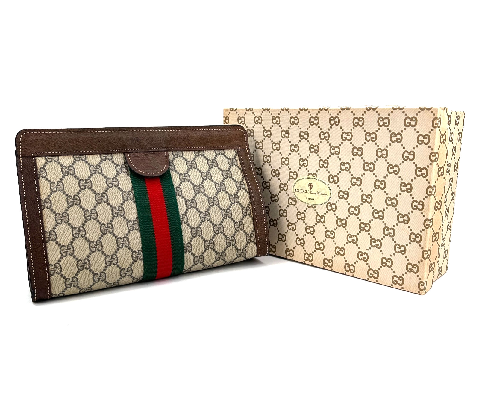 Vintage GUCCI Clutch Bag Sherry Line GG PVC Leather Brown Purse Authentic thumbnail 2