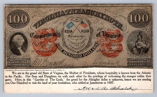 JAMESTOWN EXPOSITION $100 DOLLAR CURRENCY NUMISMATIC VIRGINIA POSTCARD 1907