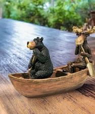 Moose and Black Bear in a Boat Paddling  Statue 7.5 in