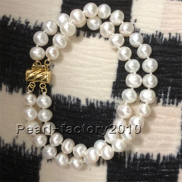 ДВОЙНЫЕ ПРЯДИ ЮЖНОГО МОРЯ AAA 8-7 ММ БЕЛЫЙ ЖЕМЧУГ БРАСЛЕТ 7,5-8 «14K ЗОЛОТОЙ ЗАСТЕЖКИ - Изображение 3 из 4