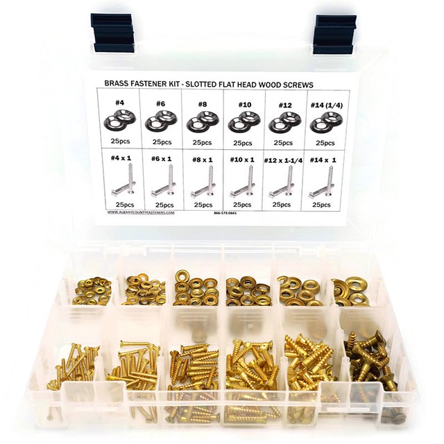 Brass Slotted Flat Head Wood Screw Assortment Kit with Cup Washers 4