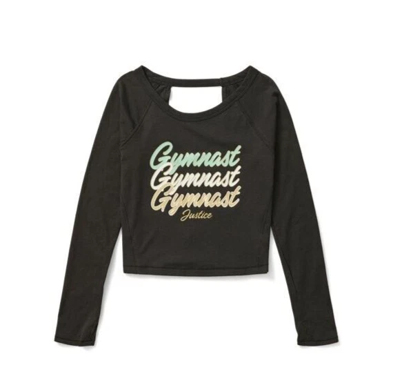 NWT Justice Girls M 10 Gymnast Graphic Long Sleeve T Shirt Black Open Back