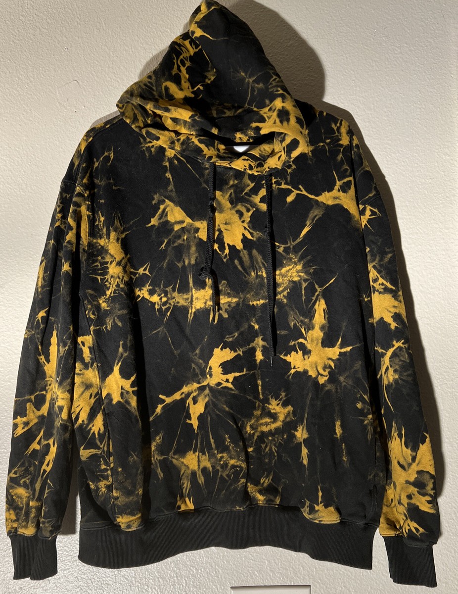 Men's Hoodie Liegou Pullover Tie Dye Black/ Yellow Pockets Size XL