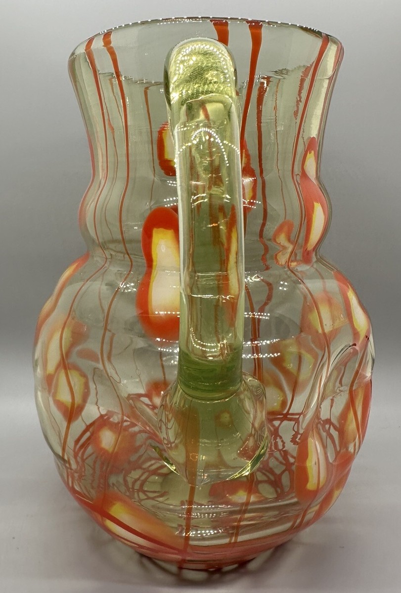 Czechoslovakia Vaseline Iranium Glass Pitcher w/ Threading/Canes