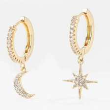 Moon  Stars Cubic Zirconia CZ Drop Dangle Hoop Earrings Gold Plated