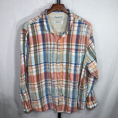 TOMMY BAHAMA Linen Plaid Shirt Long Sleeve SZ XL