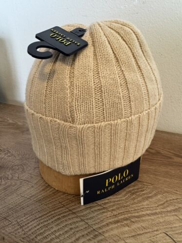 Polo Ralph Lauren Beige Wool Blend Ribbed Cuff Knit Beanie Hat Multi Color Pony - Picture 2 of 4