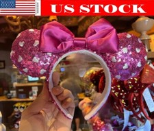 Minnie Ears Disney Parks Valentines Ears White Heart Pink Sequin Headband US