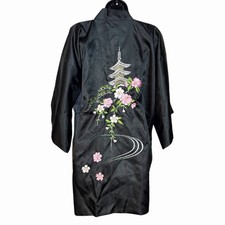 VINTAGE JAPANESE SATIN KIMONO ROBE EMBROIDERED PAGODA CHERRY BLOSSOMS SIZE XL