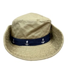 Carters Kids Khaki Bucket Hat Nautical Anchor Print Trim Adjustable Size 12-24 M