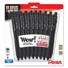 Pentel Wow Retractable Ballpoint Pen, 1.4mm , Bold Line, Black Ink, Pack of 18