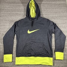 Nike Hoodie Womens M Gray Neon Yellow Swoosh Therma Fit Fleece Sweatshirt