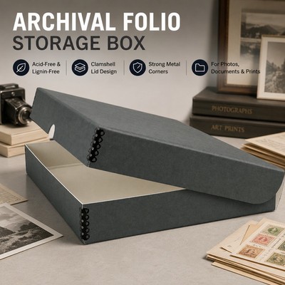 Archival Folio Storage Box Clamshell Design with Metal Edge Photos Documents