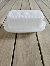 Vintage milk glass butter dish, a Hazel Atlas milk glass half-stick butter dish.