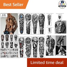 Full Arm Skull Temporary Tattoos 46 Sheets Waterproof Angel Wolf Lion Stickers
