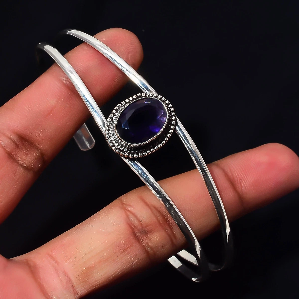Amethyst Quartz Gemstone 925 Sterling Silver Handmade Bangle Jewelry Gift For