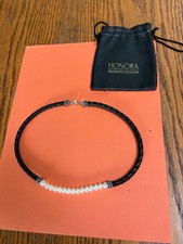 Vintage Honora Sterling Freshwater Pearl & Black Leather Choker With Leather Pou