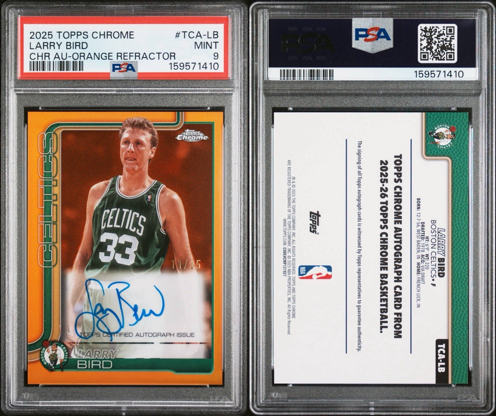 2025-26 Topps Chrome Larry Bird True Orange Refractor Auto /25 PSA 9 Celtics view 3
