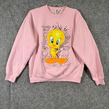 Vtg Tweety Bird Six Flags Crewneck Sweatshirt Size Medium Pink 90s Looney Tunes