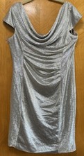 Tahari by ASL Metallic Silver Gold Cowl Neck Knee Length Dress Cap Sleeve Sz 14