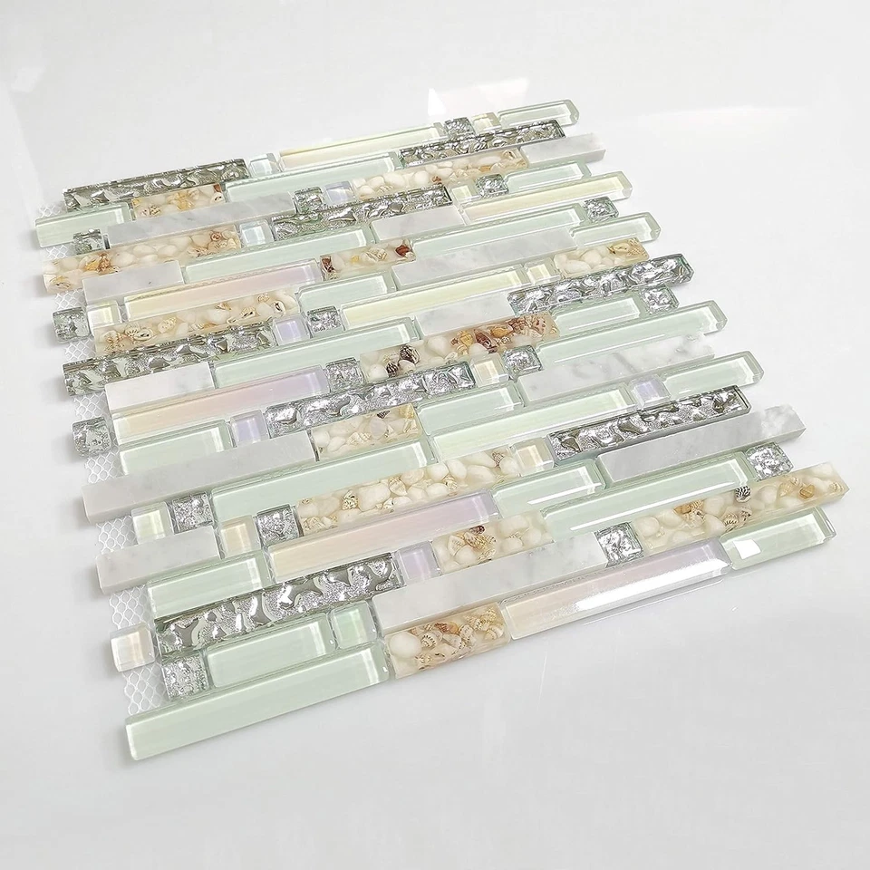 11 PIEZAS Azulejo Salpicadero Estilo Playa Verde Lago Vidrio Mezcla Piedra y Resina Mosaico Foto 2 de 4