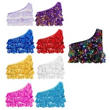 Kids Girls Tank Top Sequins Shiny Sequins Tops Tiered Ruffles One Shoulder Vest
