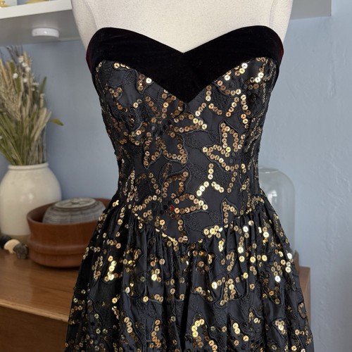 Vintage 80s Jessica McClintock Black w/ Gold Sequins Strapless Long Dress Sz S - Picture 9 of 11