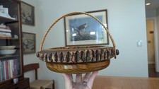 Vintage 1970s Turned Wood Basket Bowl with Handle and Bark As-Is