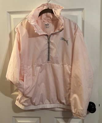 Puma Women s Hooded QTR Zip Windbreaker Pink Size L 2 Front Pockets Fall Ready