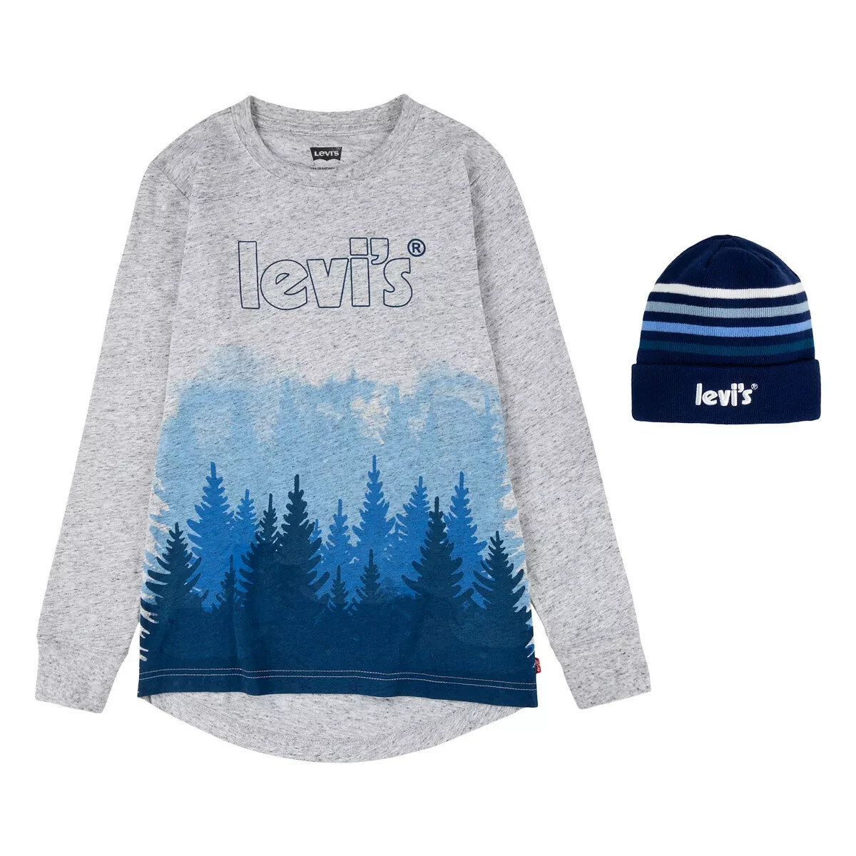 Levi&apos;s &dollar;40 Blue Forest Graphic Long Sleeve Gray T-Shirt & Striped Beanie Set NWT