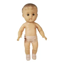 10" VINTAGE 1986 THE SUN RUBBER CO BABY  GIRL SQUEAK SQUEAKER DOLL TOY BROWN EYE