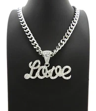 ICED CELEBRITY STYLE PT SILVER LOVE PENDANT & 20" CUBAN CHOKER CHAIN NECKLACE