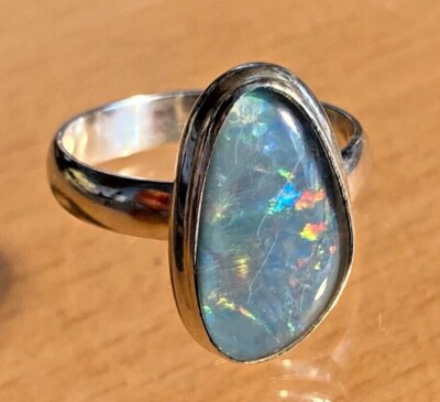 Opal Ring  Large Freeform Opal  Triplet 15 x 9 mm - Solid Silver -  Sizes 7 US