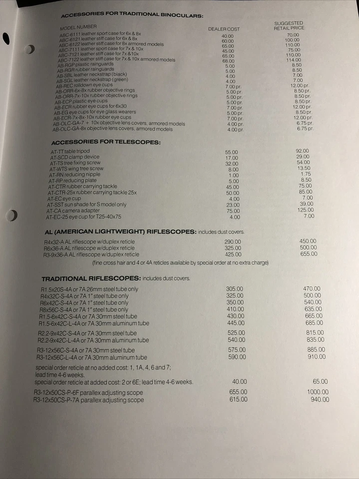 Hoja de precios de distribuidor Swarovski Optiks 1988 armas de fuego Foto 3 de 4