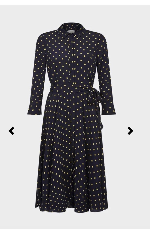 Hobbs Lainey Dress Size Collared Navy Yellow Polka Dots Print